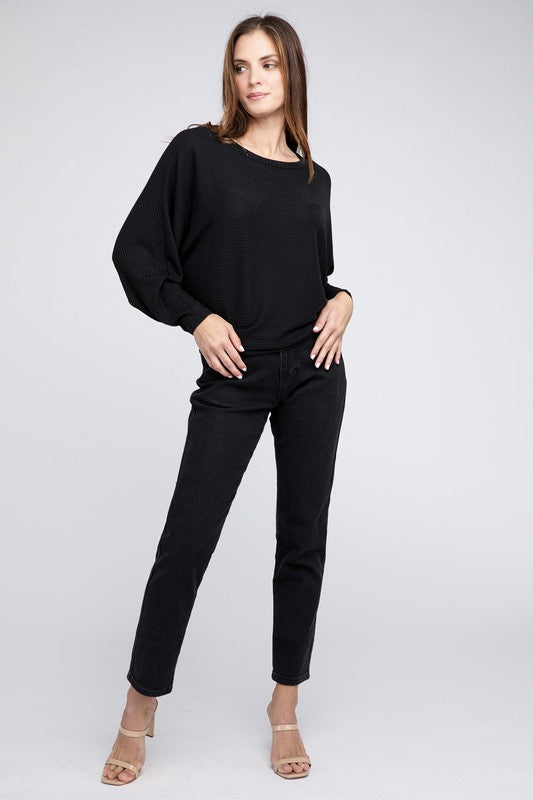 ZENANA Ribbed Batwing Long Sleeve Boat Neck Sweater us.meeeshop - 