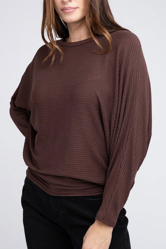 ZENANA Ribbed Batwing Long Sleeve Boat Neck Sweater us.meeeshop - 