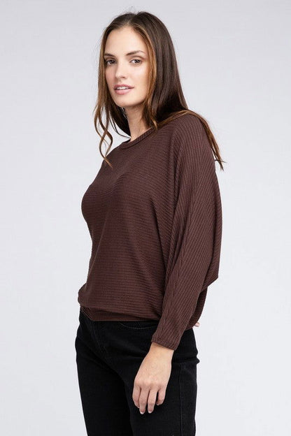 ZENANA Ribbed Batwing Long Sleeve Boat Neck Sweater us.meeeshop - 