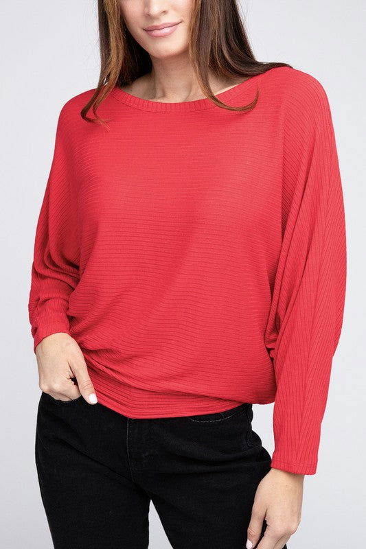 ZENANA Ribbed Batwing Long Sleeve Boat Neck Sweater us.meeeshop - 