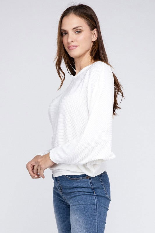 ZENANA Ribbed Batwing Long Sleeve Boat Neck Sweater us.meeeshop - 