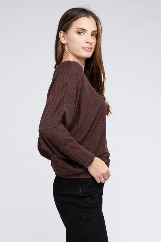 ZENANA Ribbed Batwing Long Sleeve Boat Neck Sweater us.meeeshop - 