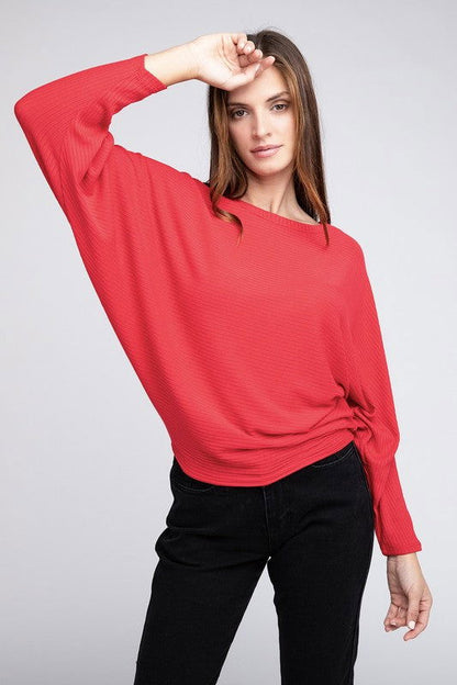 ZENANA Ribbed Batwing Long Sleeve Boat Neck Sweater us.meeeshop - Shirts & Tops