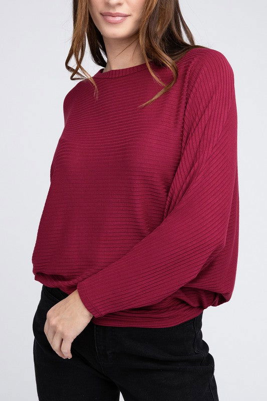 ZENANA Ribbed Batwing Long Sleeve Boat Neck Sweater us.meeeshop - 