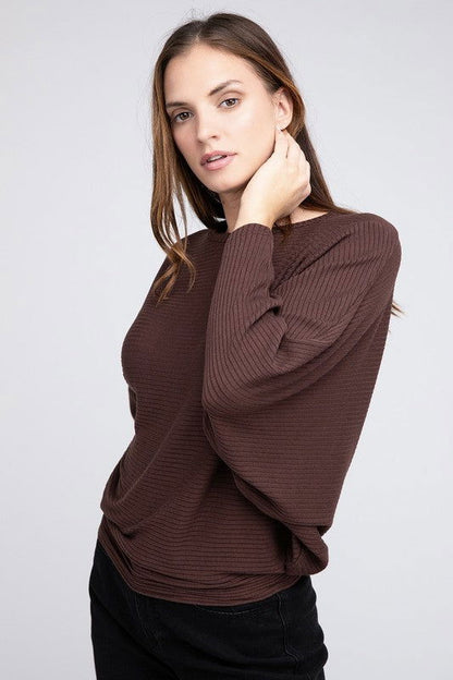 ZENANA Ribbed Batwing Long Sleeve Boat Neck Sweater us.meeeshop - 