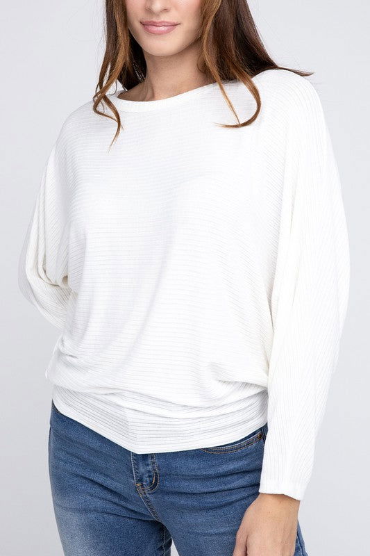 ZENANA Ribbed Batwing Long Sleeve Boat Neck Sweater us.meeeshop - 