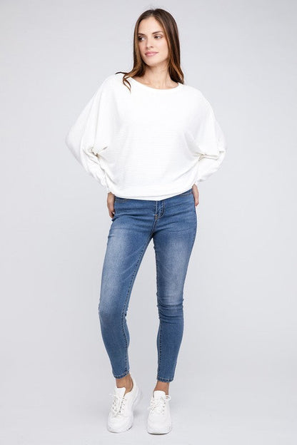 ZENANA Ribbed Batwing Long Sleeve Boat Neck Sweater us.meeeshop - 