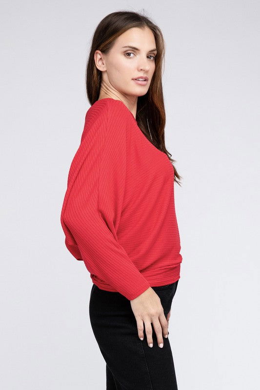 ZENANA Ribbed Batwing Long Sleeve Boat Neck Sweater us.meeeshop - 