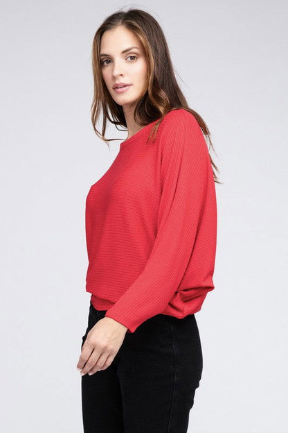 ZENANA Ribbed Batwing Long Sleeve Boat Neck Sweater us.meeeshop - 