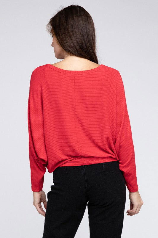 ZENANA Ribbed Batwing Long Sleeve Boat Neck Sweater us.meeeshop - 