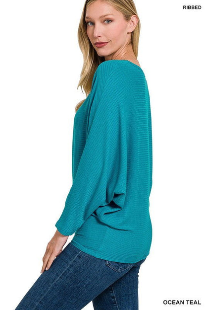 ZENANA Ribbed Batwing Long Sleeve Boat Neck Sweater us.meeeshop - 