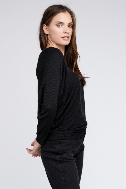 ZENANA Ribbed Batwing Long Sleeve Boat Neck Sweater us.meeeshop - 