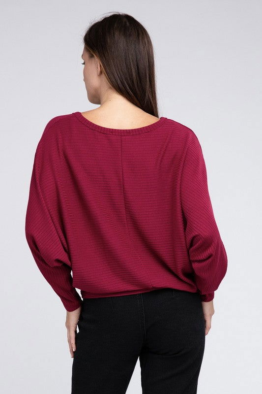 ZENANA Ribbed Batwing Long Sleeve Boat Neck Sweater us.meeeshop - 