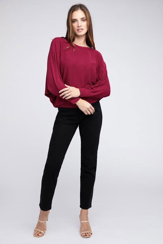 ZENANA Ribbed Batwing Long Sleeve Boat Neck Sweater us.meeeshop - 