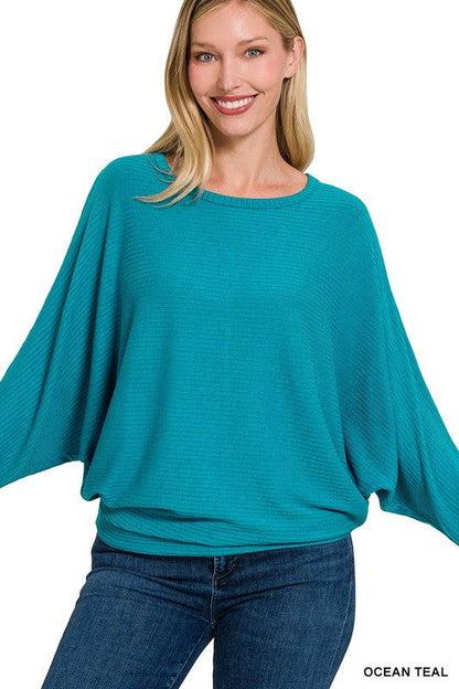 ZENANA Ribbed Batwing Long Sleeve Boat Neck Sweater us.meeeshop - 