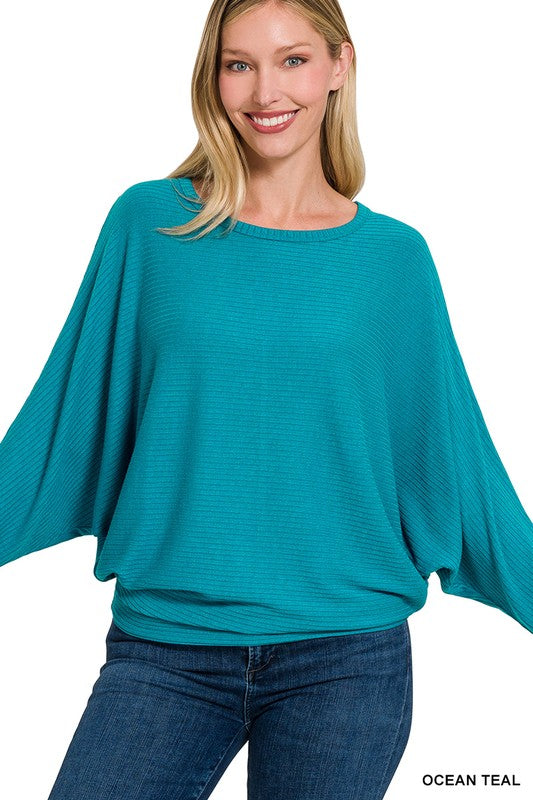 Ribbed Batwing Long Sleeve Boat Neck Sweater | us.meeeshop