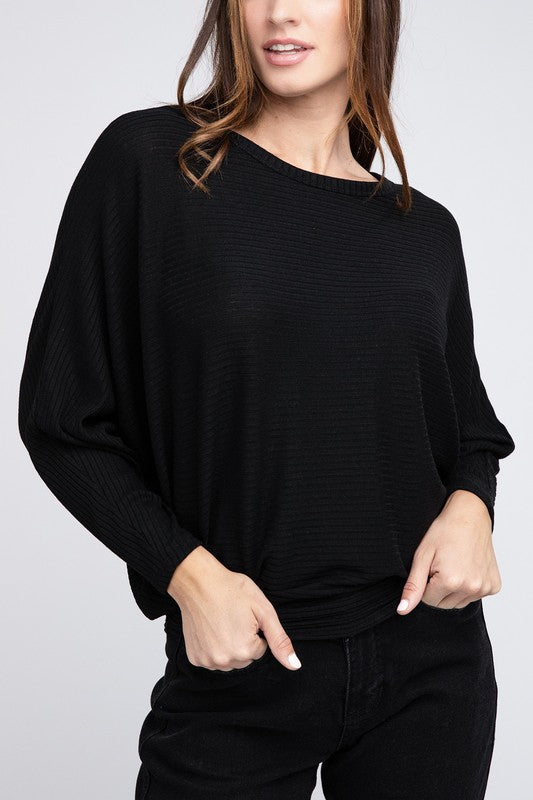 ZENANA Ribbed Batwing Long Sleeve Boat Neck Sweater us.meeeshop - 