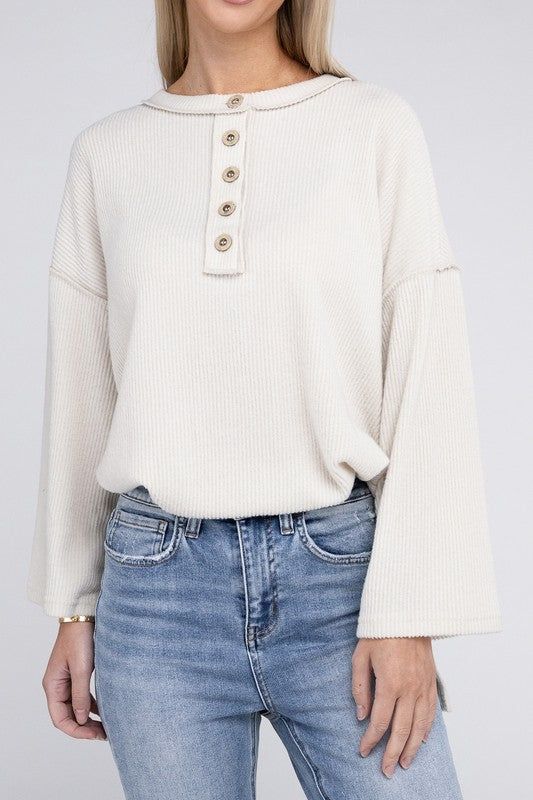 ZENANA Ribbed Brushed Melange Hacci Henley Sweater us.meeeshop - 