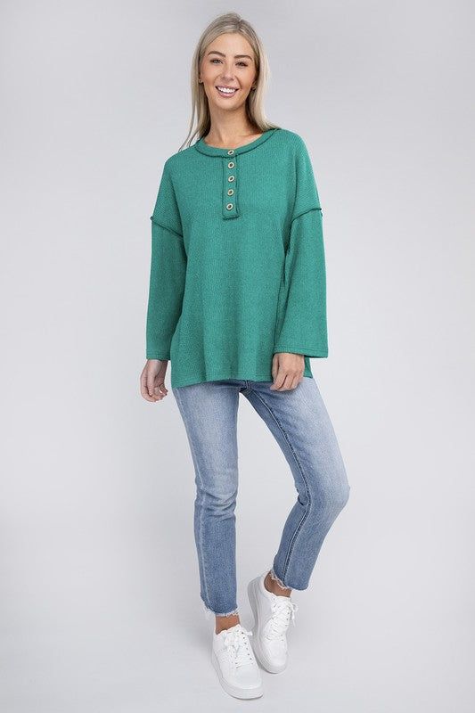 ZENANA Ribbed Brushed Melange Hacci Henley Sweater us.meeeshop - 