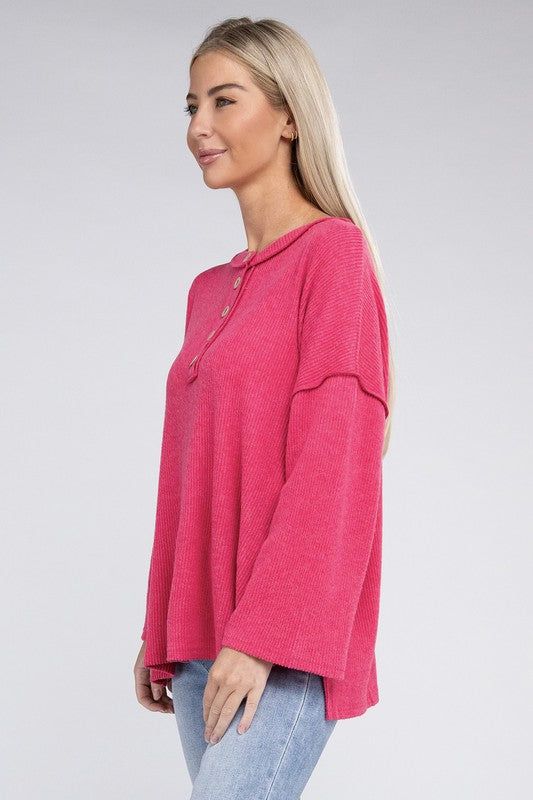 ZENANA Ribbed Brushed Melange Hacci Henley Sweater us.meeeshop - 