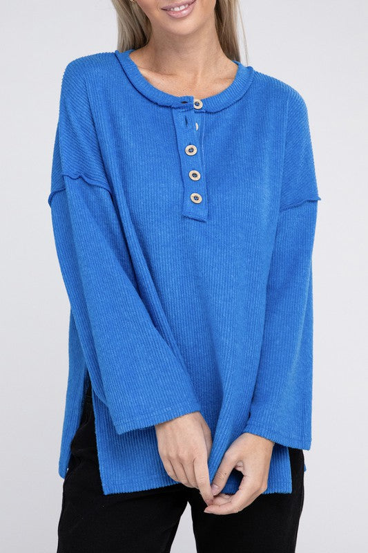 ZENANA Ribbed Brushed Melange Hacci Henley Sweater | us.meeeshop