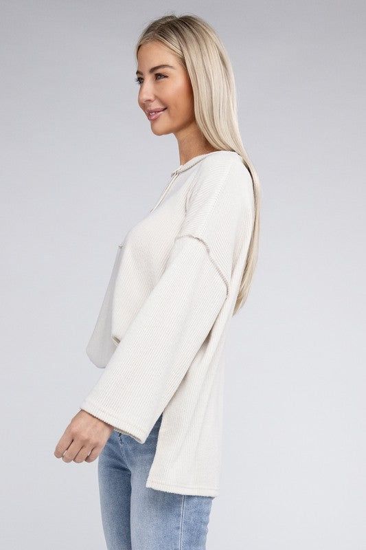 ZENANA Ribbed Brushed Melange Hacci Henley Sweater us.meeeshop - 