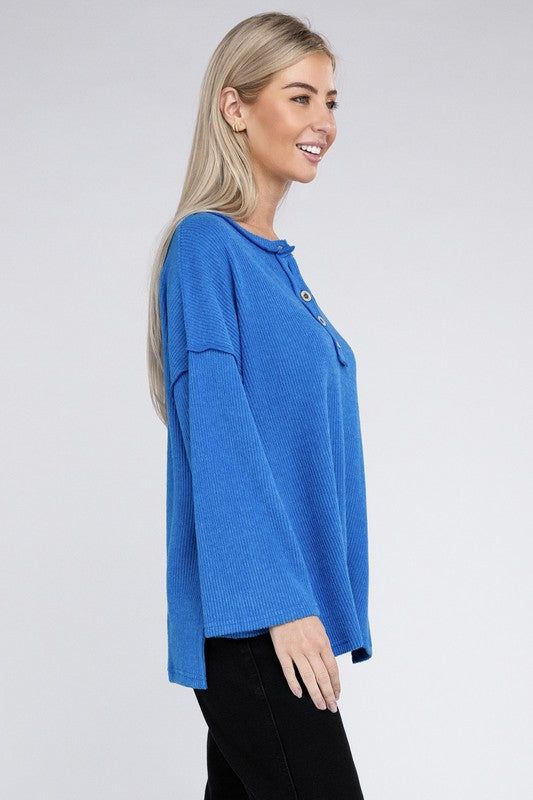 ZENANA Ribbed Brushed Melange Hacci Henley Sweater us.meeeshop - 