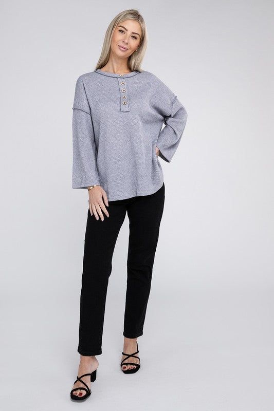 ZENANA Ribbed Brushed Melange Hacci Henley Sweater us.meeeshop - 