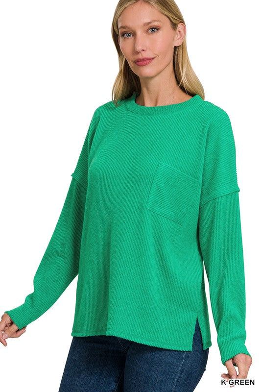 ZENANA Ribbed Brushed Melange Hacci Sweater with a Pocket us.meeeshop - 