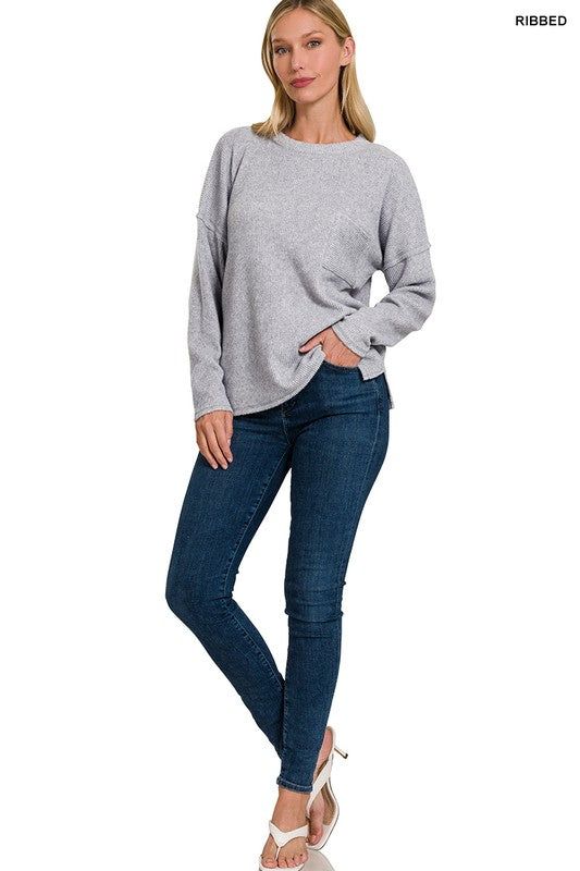 ZENANA Ribbed Brushed Melange Hacci Sweater with a Pocket us.meeeshop - 