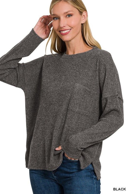 ZENANA Ribbed Brushed Melange Hacci Sweater with a Pocket us.meeeshop - 