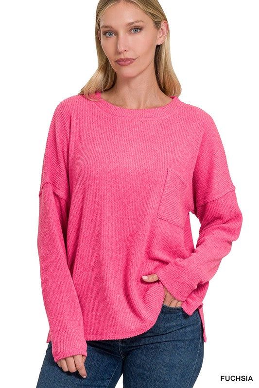 ZENANA Ribbed Brushed Melange Hacci Sweater with a Pocket us.meeeshop - 