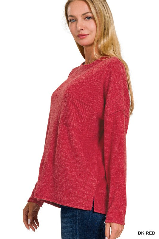 ZENANA Ribbed Brushed Melange Hacci Sweater with a Pocket | us.meeeshop