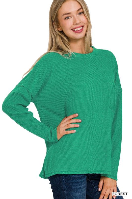 ZENANA Ribbed Brushed Melange Hacci Sweater with a Pocket us.meeeshop - 