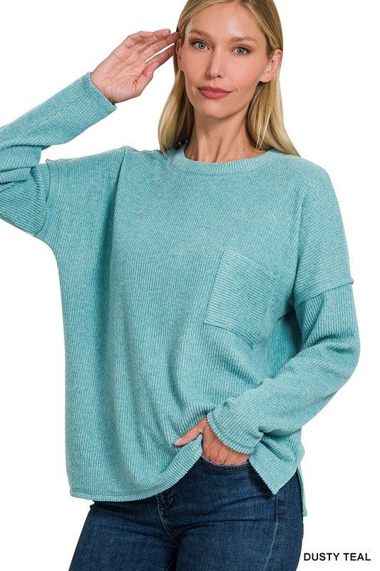 ZENANA Ribbed Brushed Melange Hacci Sweater with a Pocket us.meeeshop - 