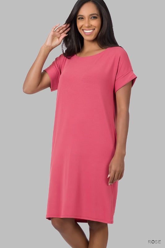 ZENANA | Rolled Short Sleeve Round Neck Dress us.meeeshop - Dresses