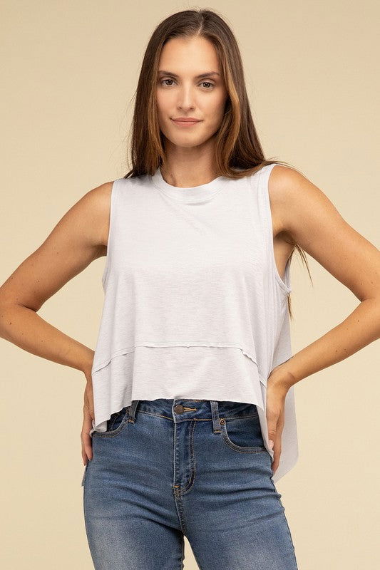 ZENANA Shark Bite Side Slit Short Sleeveless Top us.meeeshop - 