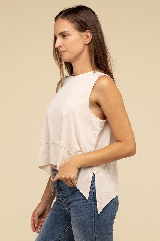 ZENANA Shark Bite Side Slit Short Sleeveless Top us.meeeshop - 