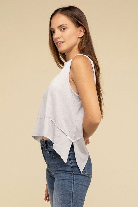 ZENANA Shark Bite Side Slit Short Sleeveless Top us.meeeshop - 