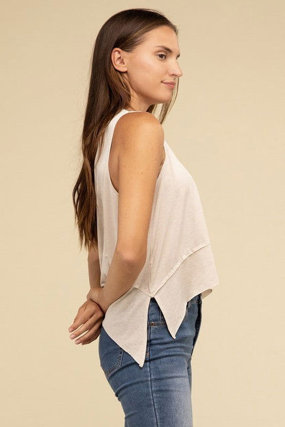 ZENANA Shark Bite Side Slit Short Sleeveless Top us.meeeshop - 