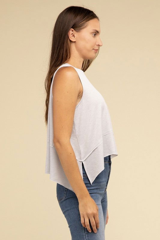 ZENANA Shark Bite Side Slit Short Sleeveless Top us.meeeshop - 