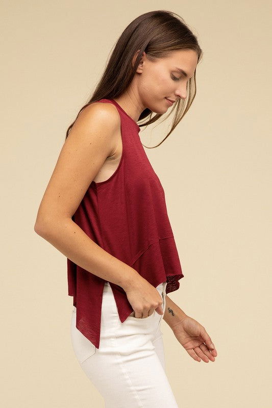 ZENANA Shark Bite Side Slit Short Sleeveless Top us.meeeshop - 