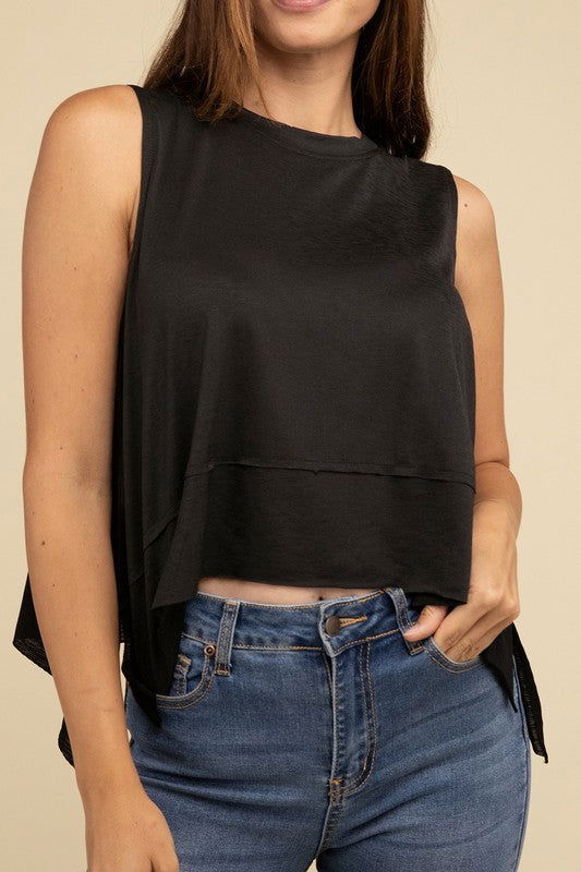 ZENANA Shark Bite Side Slit Short Sleeveless Top us.meeeshop - 