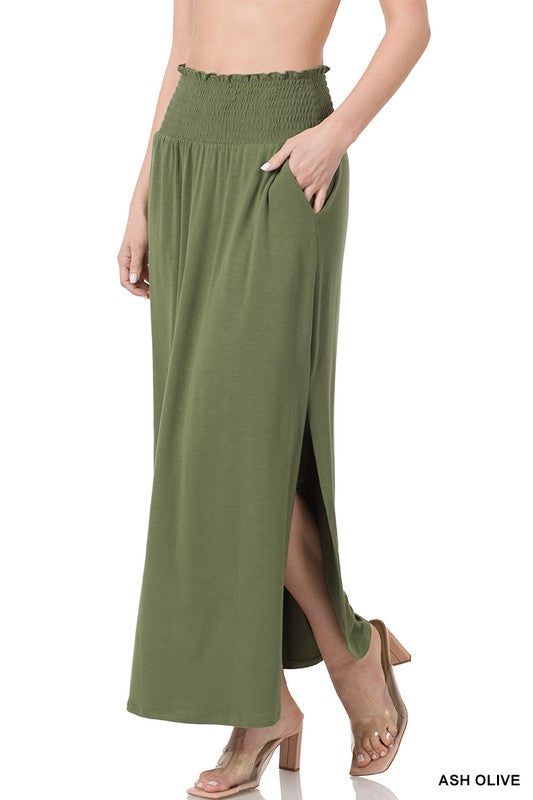 ZENANA | Smocked Waist Side Slit Maxi Skirt With Pockets us.meeeshop - 