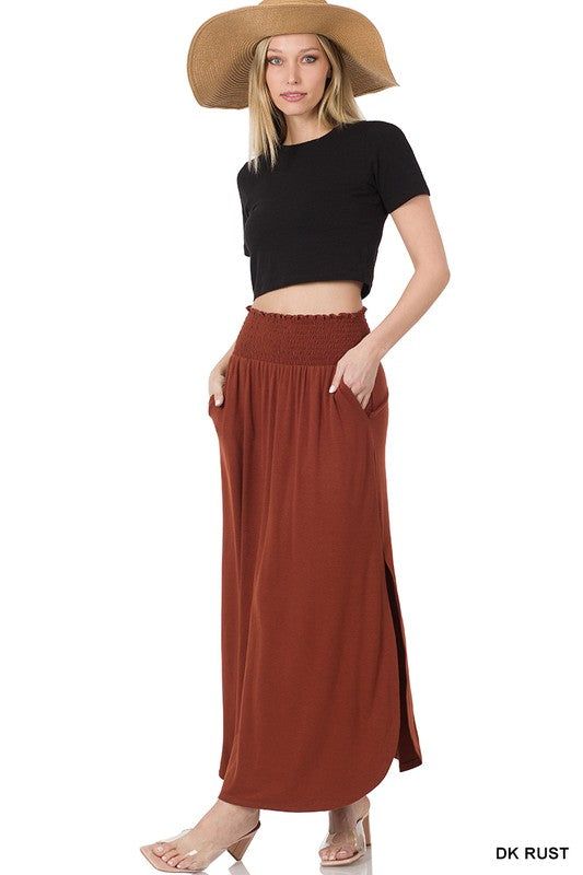 ZENANA | Smocked Waist Side Slit Maxi Skirt With Pockets us.meeeshop - 