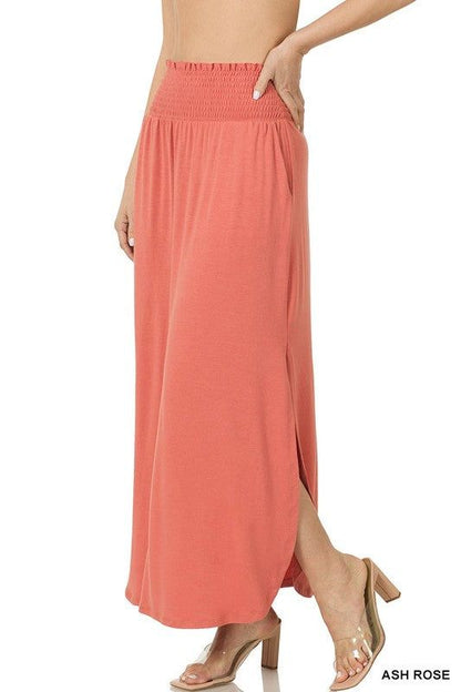 ZENANA | Smocked Waist Side Slit Maxi Skirt With Pockets us.meeeshop - 