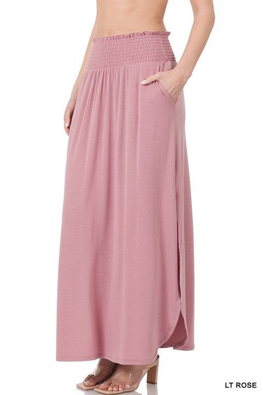 ZENANA | Smocked Waist Side Slit Maxi Skirt With Pockets us.meeeshop - 