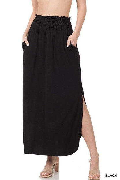 ZENANA | Smocked Waist Side Slit Maxi Skirt With Pockets us.meeeshop - 