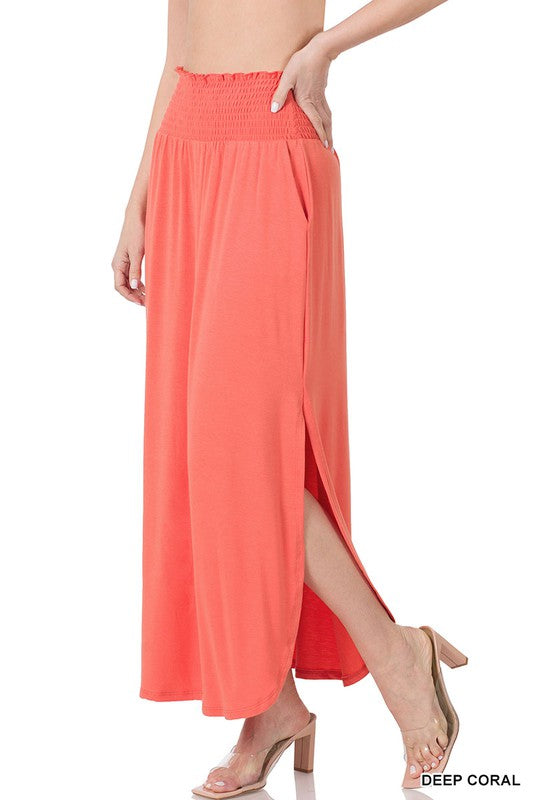ZENANA | Smocked Waist Side Slit Maxi Skirt With Pockets | us.meeeshop