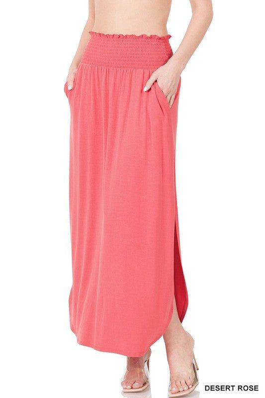 ZENANA | Smocked Waist Side Slit Maxi Skirt With Pockets us.meeeshop - 